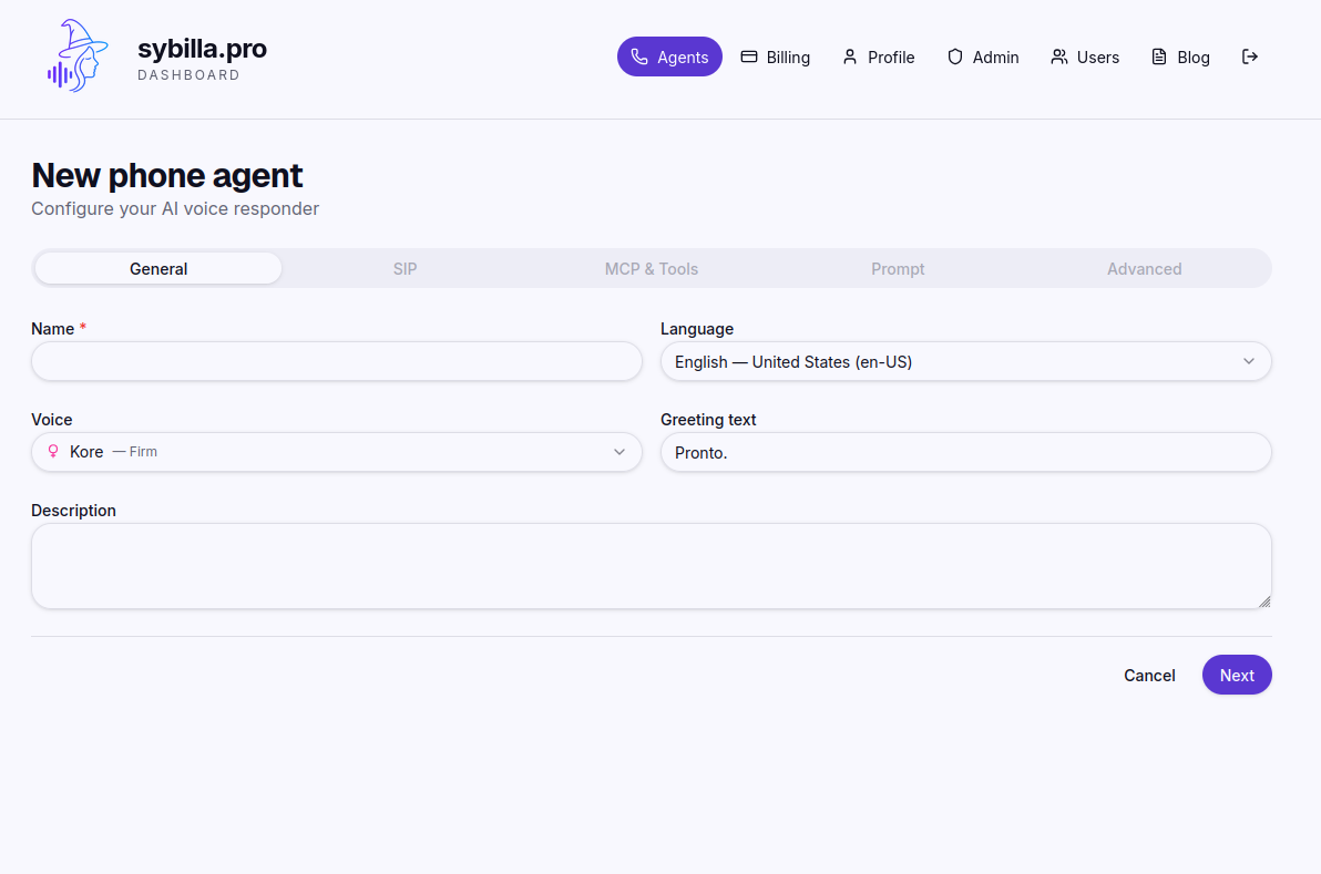 Agent identity, voice and language configuration